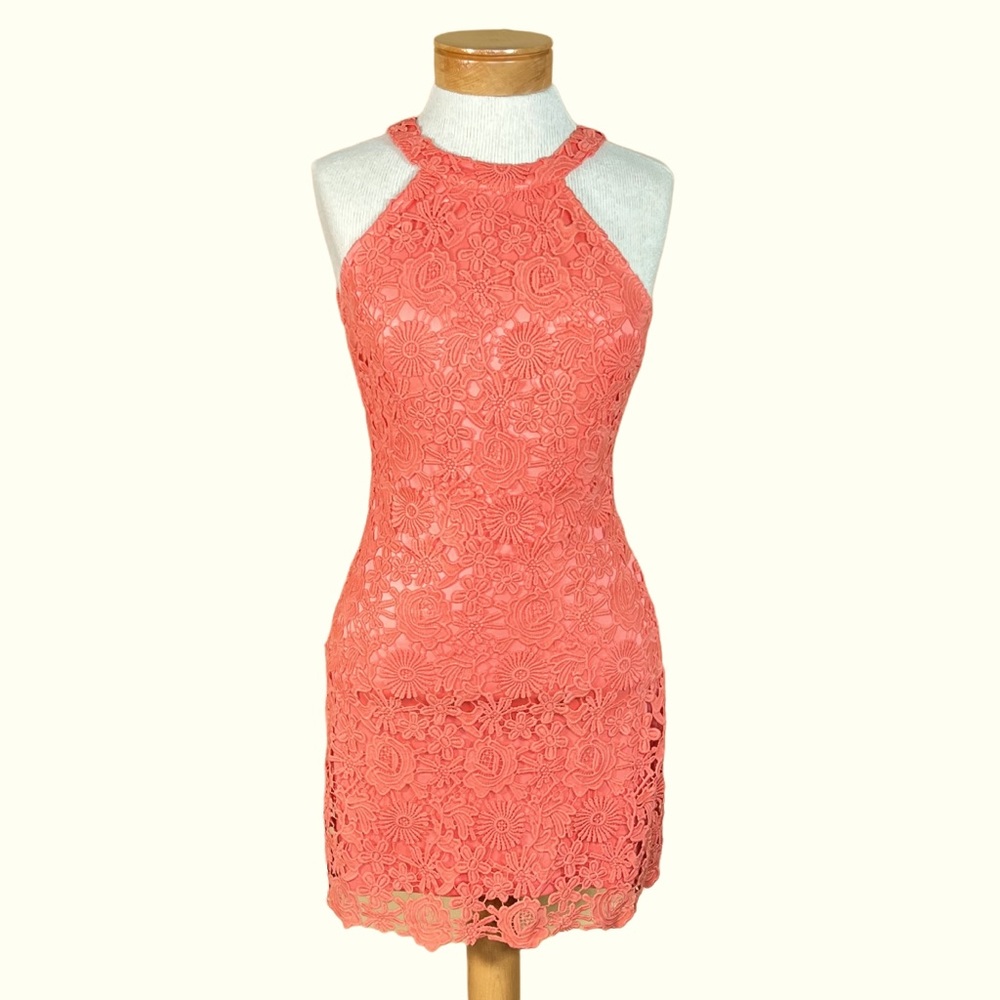 Lulus Women’s Coral Appliqué Lace Body Con Cocktail Wedding Guest Dress …